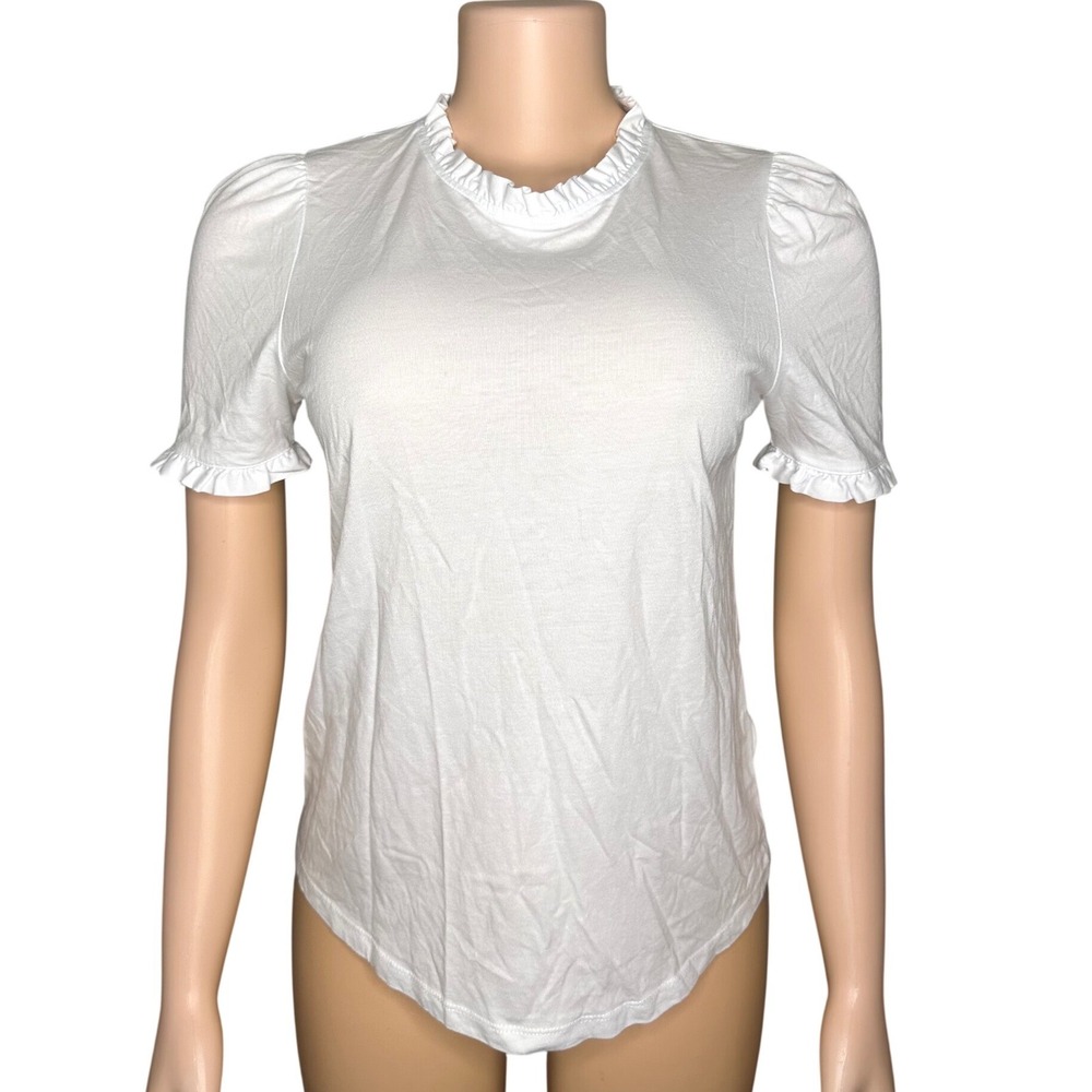 Boden Women's Supersoft Frill Detail Ruffle Neck Puff Sleeve T-shirt Sz 6 White